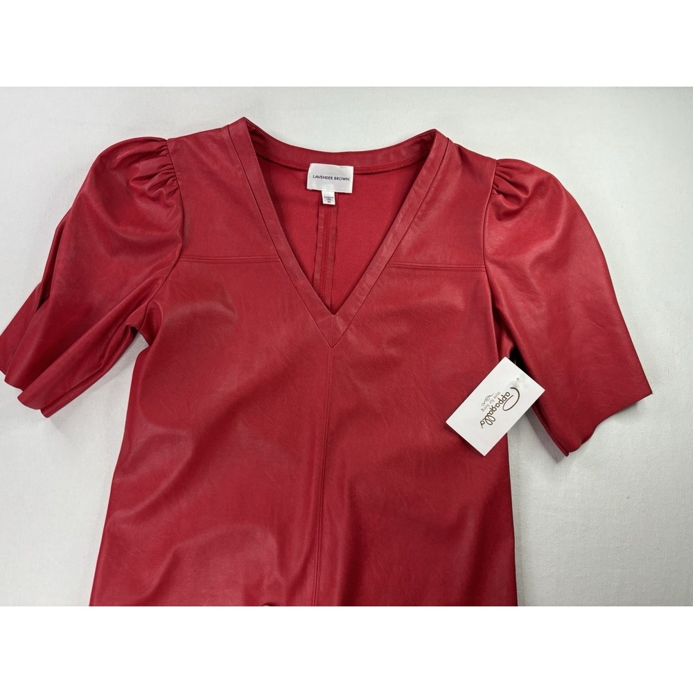 Lavender Brown Red Faux Leather Puff Sleeve Bodycon Club Dress Womens XS V Neck